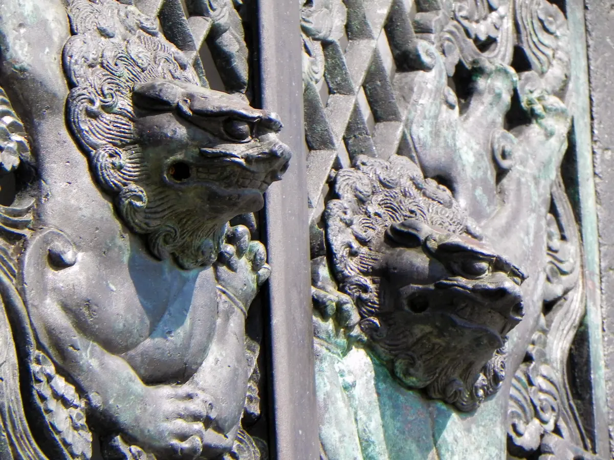 A relief panel on the octagonal lantern